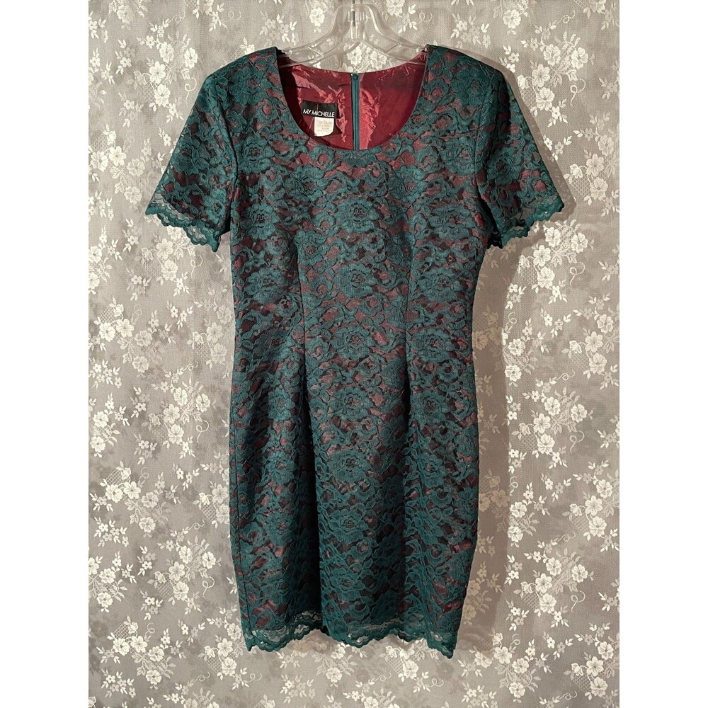 Vintage 90s Dark Green Lace Dress Minimalist Romantic Feminine Midi Size M